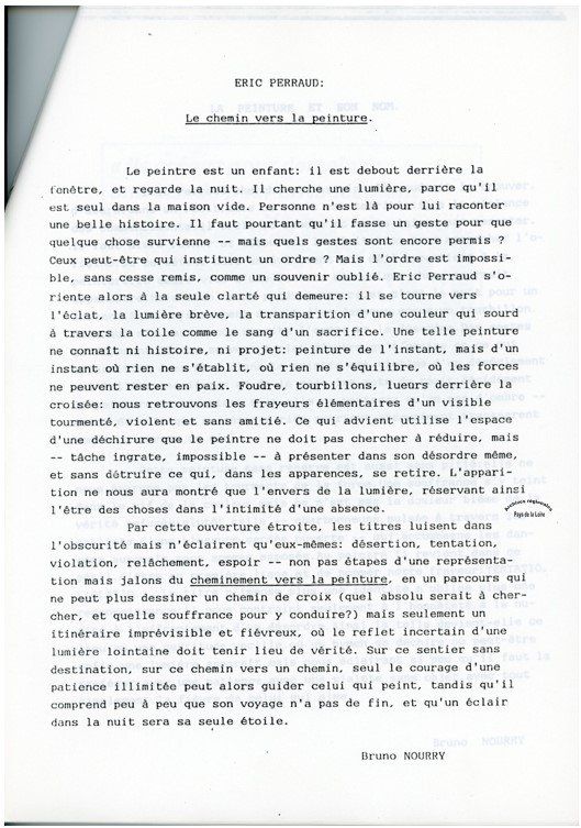 Texte sur l'artiste peintre Eric Perraud (1988).