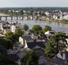 Bords de loire avec un pont et des habitations de part et d'autre du fleuve